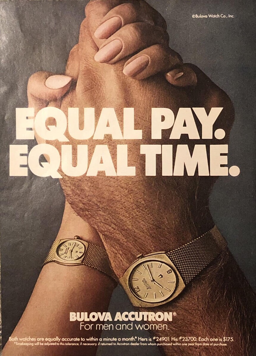 Campaña publicitaria que destacaba la igualdad entre relojes masculinos y femeninos. Fuente: www.ideascollide.com