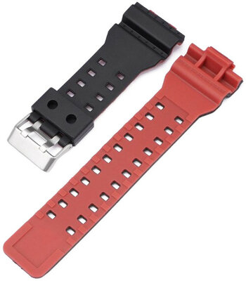 Correa para Casio G-Shock, plástico, rojo-negro, hebilla plateada (para los modelos GA-100, GA-110, GD-120, GLS-100)