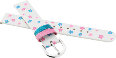 Correa infantil de piel 14 mm, blanca, hebilla plateada (con motivo floral)