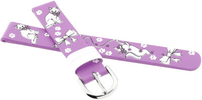 Correa infantil de piel 14 mm, morada, hebilla plateada (con motivo de gato)