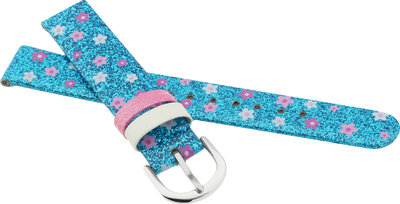 Correa infantil de piel 14 mm, azul, hebilla plateada (con motivo floral)