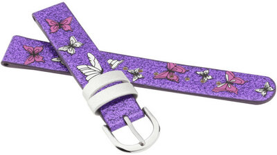 Correa infantil de poliuretano 14 mm, morada, hebilla plateada (con motivo de mariposa)
