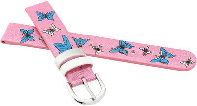 Correa infantil de poliuretano 14 mm, rosa, hebilla plateada (con motivo de mariposa)