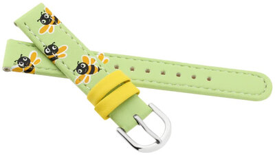 Correa infantil de piel de 15 mm, verde, hebilla plateada (con motivo de abeja)