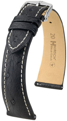 Correa de piel Hirsch Massai Ostrich L 04362051-2, negra, piel de avestruz, longitud L, cierre rápido